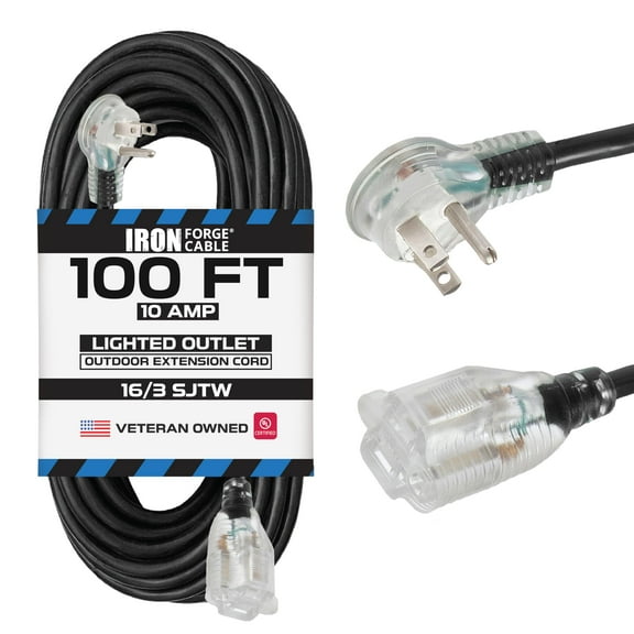 Iron Forge Cable 100 Ft Flag Plug Black Extension Cord, 16/3, 100 Foot Extension Cord with Right Angled Plug, 3 Prong, Weatherproof - Lighted End