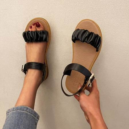 

〖Yilirongyumm〗 Black 39 Sandals Women Ladies Shoes Summer Fashion Rome Style Sandals Soft Sole Buckle Band Casual Open Toe Sandals