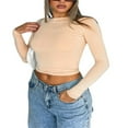thumbnail image 1 of Women‘s Y2K Slim Crop Tops Solid Color Long Sleeve  Neck T-Shirts Basic Tee Yoga Workout Tops, 1 of 6