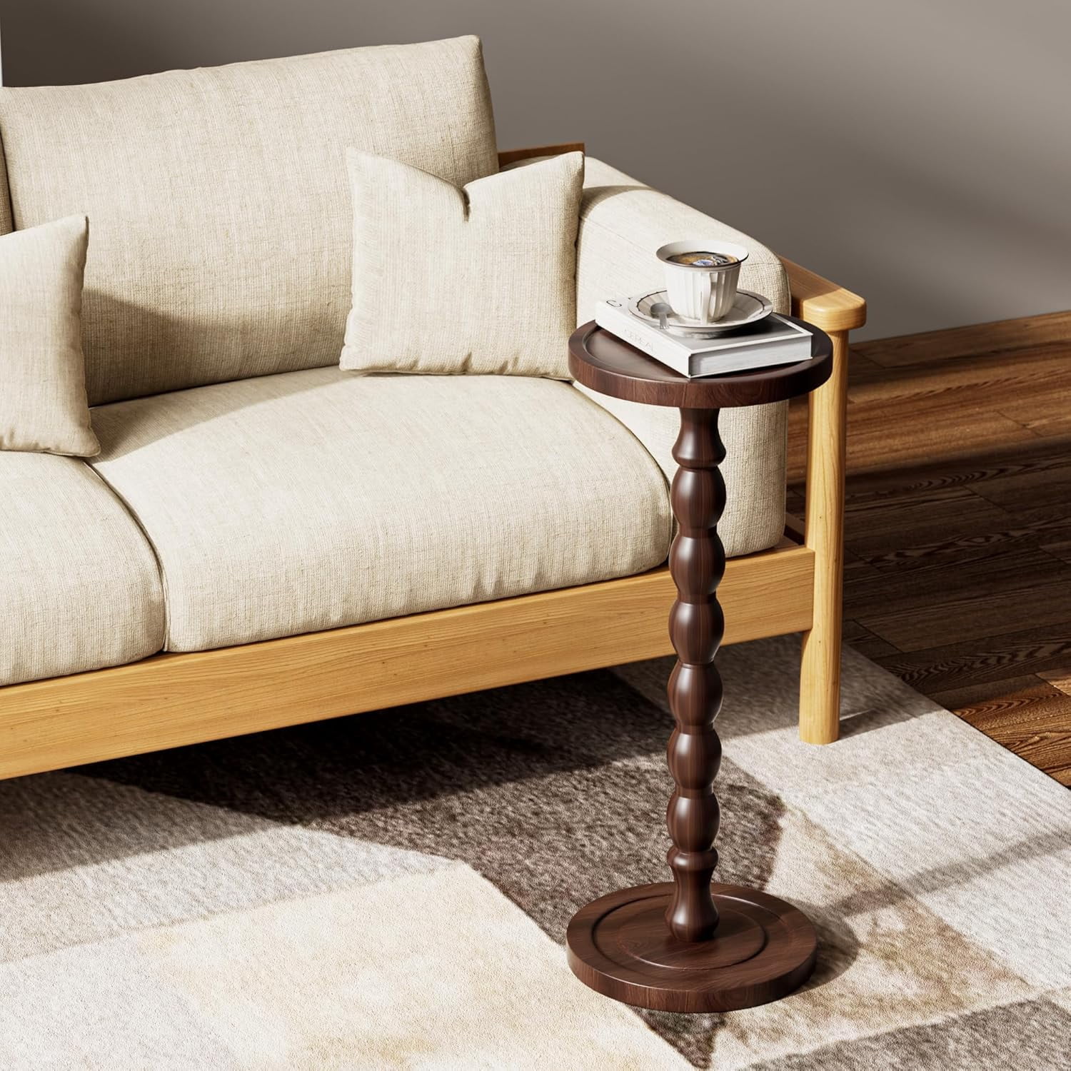 Finew Solid Wood Drink Table, Rubber Wood‌ Small Round Side Table for Small Spaces, Martini Tables, Pedestal End Tables for Living Room, Bedroom, Corners, and Office (Dark Walnut, 9.4 inch)