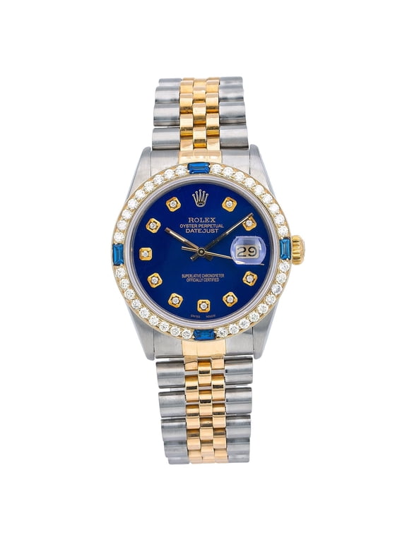 Pre-Owned Rolex Datejust 36MM 16013 Blue Diamond Dial Diamond Bezel Two Tone Yellow Gold Jubilee Bracelet 2ct