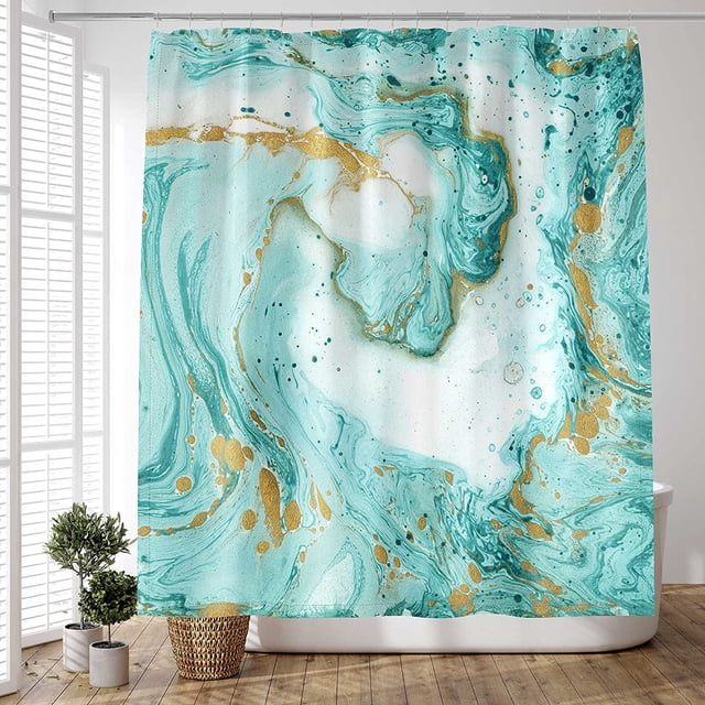 Cortina de ducha de mármol verde acuarela azul dorado acuarela Turqu