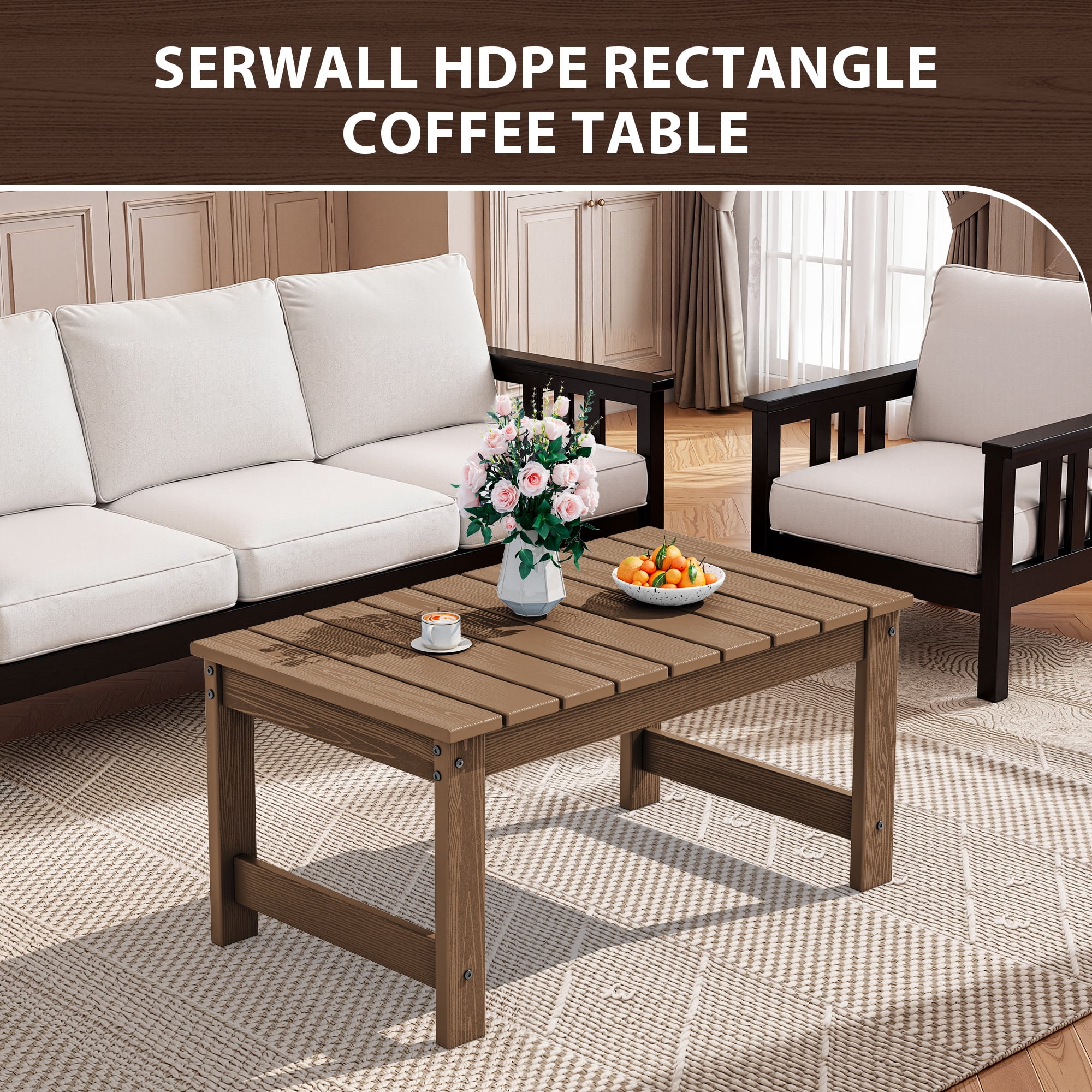 SERWALL Outdoor Rectangle Coffee Table with Umbrella Hole, 19.7" x 33.7" HDPE All Weather Patio Coffee Table, Brown