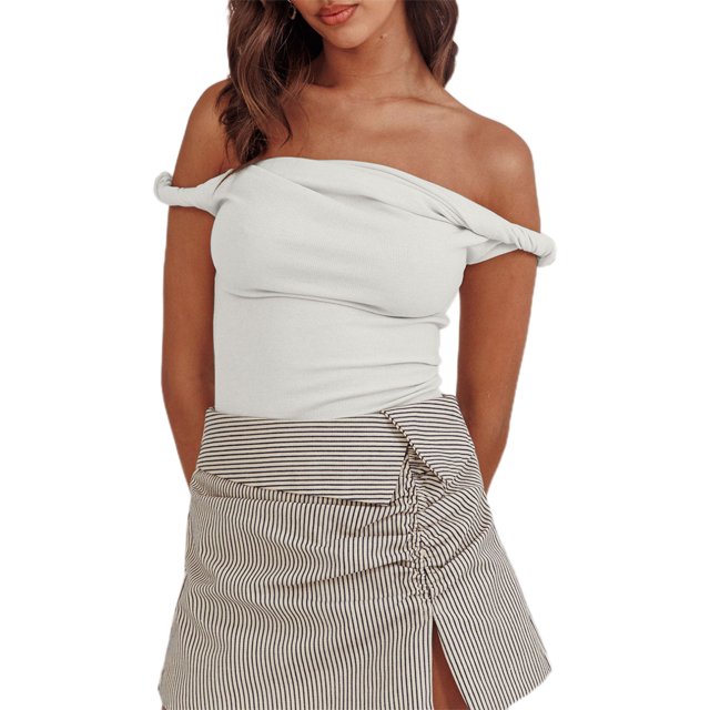 Gupgi Off Shoulder Top for Women Solid Color Twist Strap Tank Tops Slim Fit Ruched Crop Top