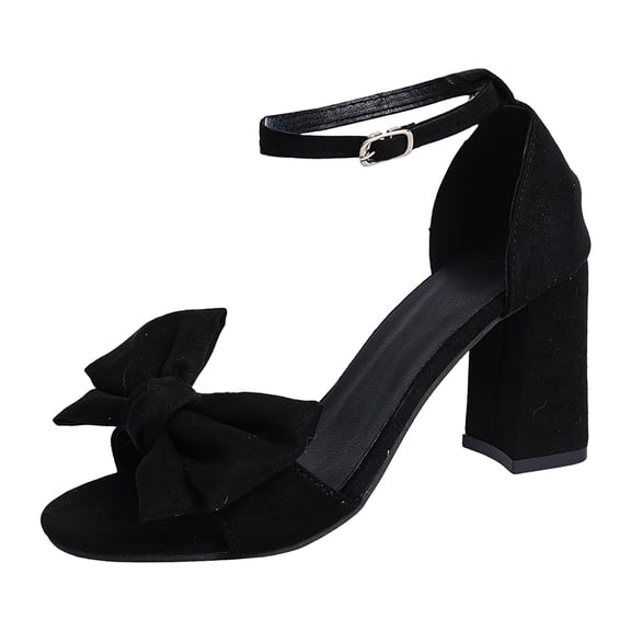 Bow Knot Chunky Heels Dressy Sandals for Women Fashion Open Toe Ankle Buckle Strap Wedding Party Shoes Black Size 8