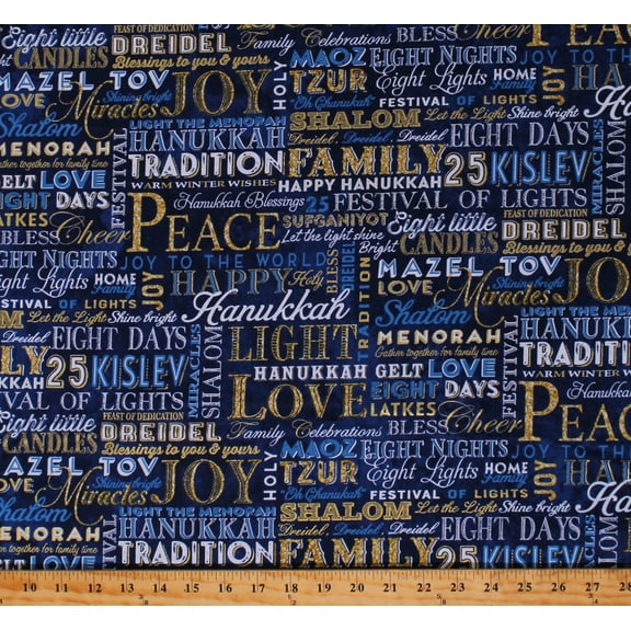Cotton Happy Hanukkah Stonehenge Jewish Holiday Blue Cotton Fabric Print by the Yard (24779M-46)