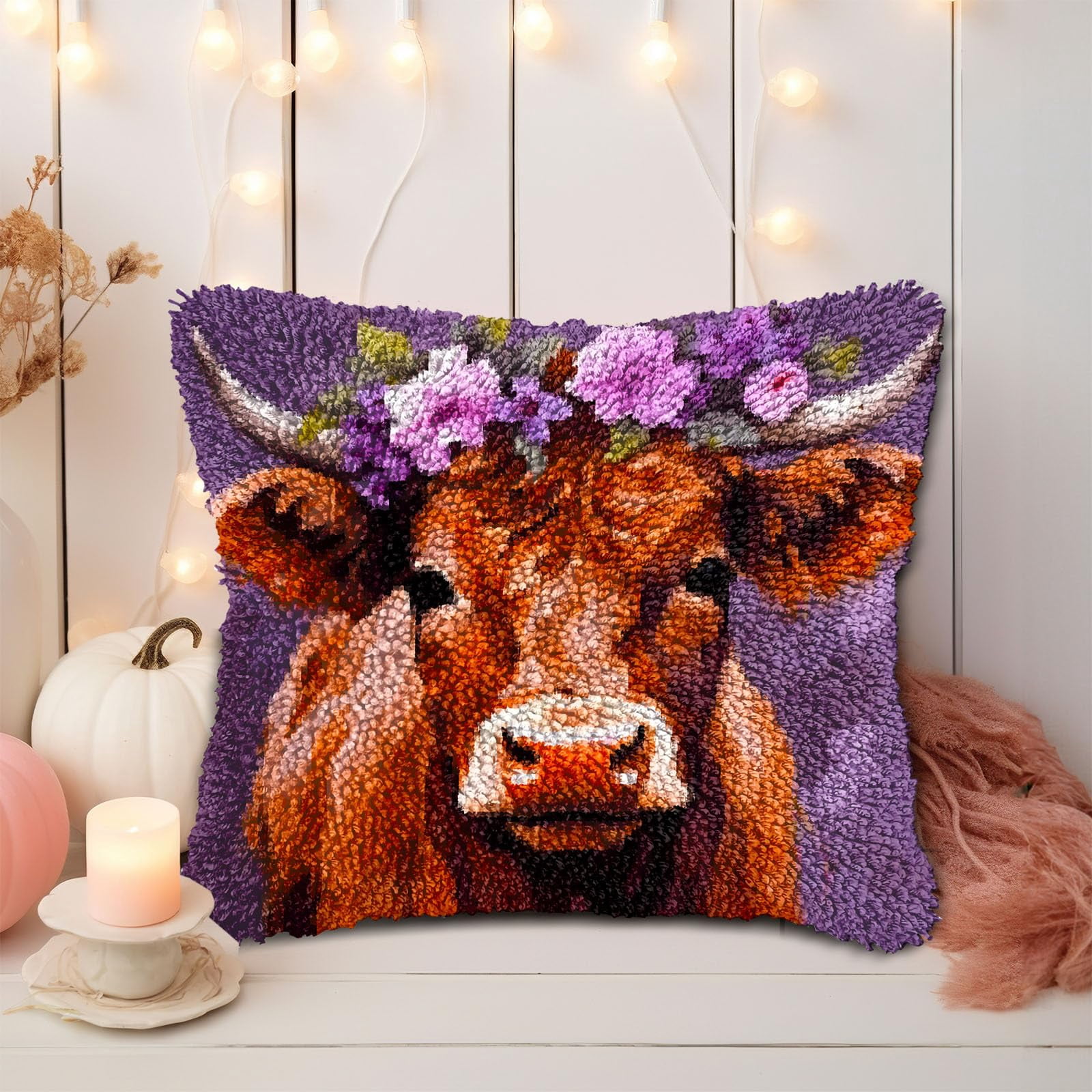 Jersey Cow Wear Wreath DIY Latch Hook Pillow Kits for Adults Printed Pillowcase Crochet Yarns Hooking Handmade Pillow Cover Cushion for Home Sofa Decoration 17x17inch