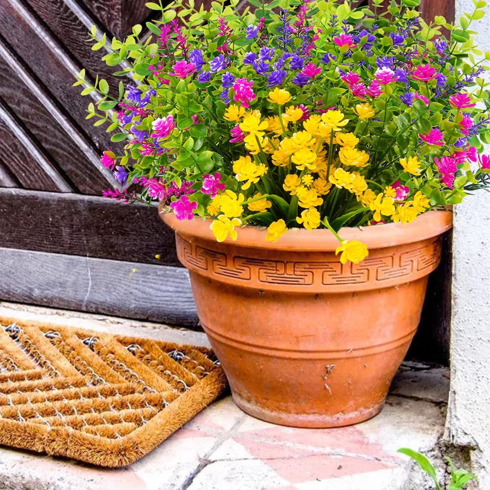 10 Bundles Outdoor Artificial Fake Flowers UV Resistant No Fade Boxwood Faux Plastic Shrubs Plants for Garden Patio Porch Window Box Home Wedding Farmhouse Hanging Decor