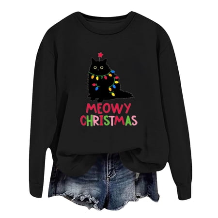 Luwomo Casual Sweatshirts for Womens Christmas Long Sleeve Round Neck Sweatshirt Cat Graphic Letter Print Fall and Winter Loose Fit Pullover Tops Z1 Black L