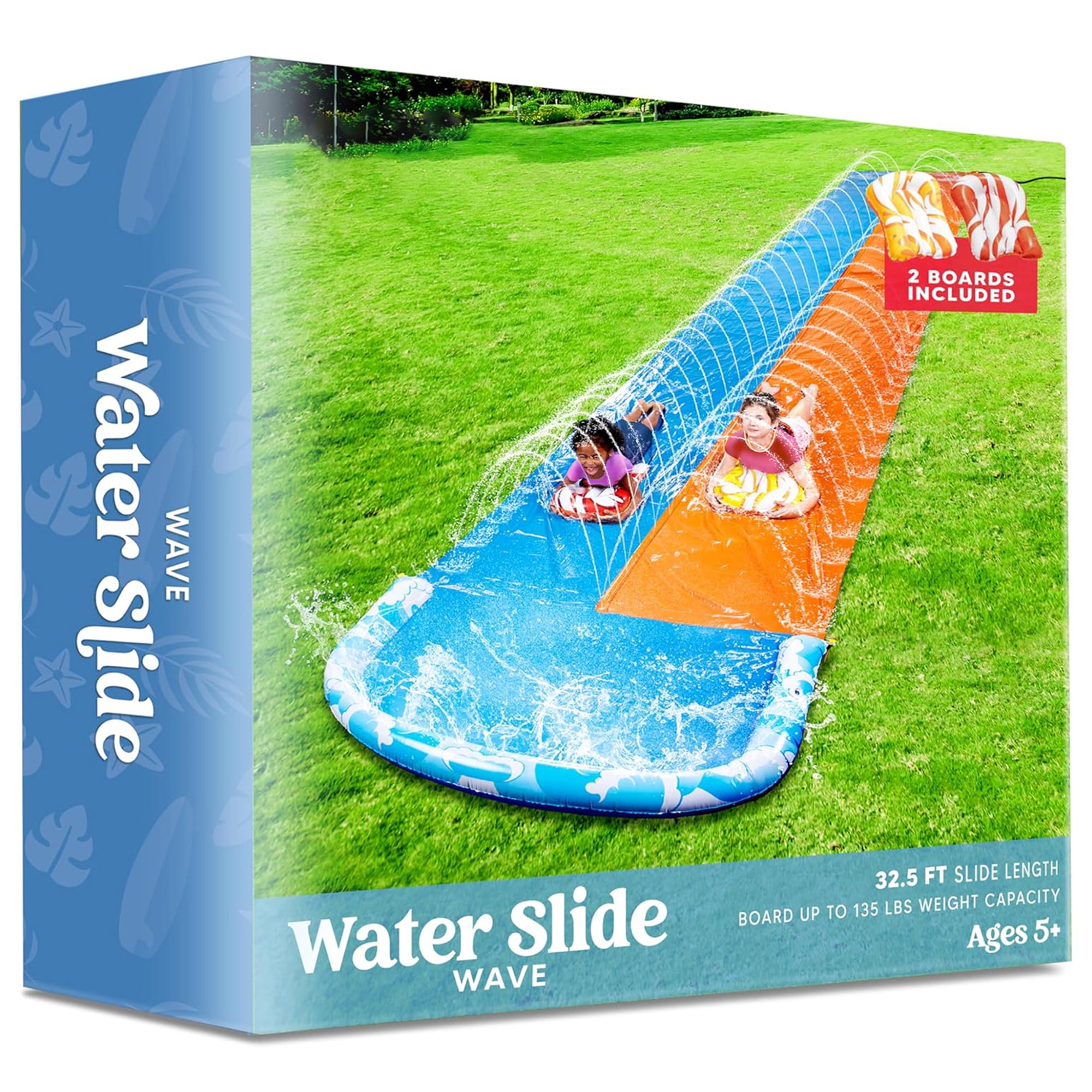 Joyfy 32.5ft Extra Long Water Slide and 2 Inflatable Boards, Heavy Duty Lawn Water Slides 2 Waterslide Slip with Sprinkler for Kids Adults