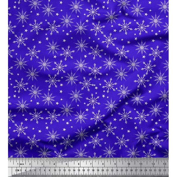 Soimoi Blue Poly Georgette Fabric Snow Flakes & Star Decor Fabric Printed Yard 52 Inch Wide