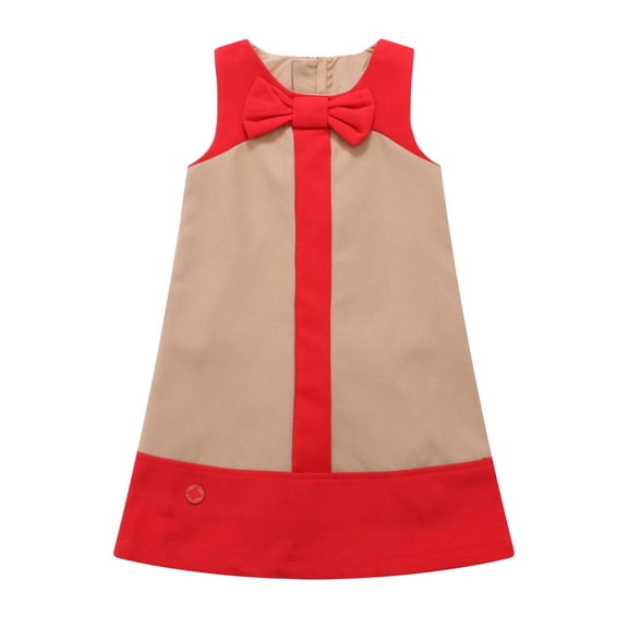 Little Girls Tan Red Bow Decorated Sleeveless Dress 1/2