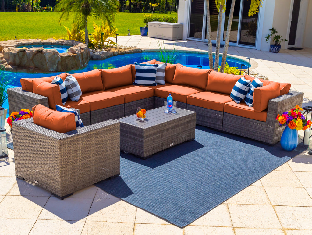 Sorrento 9-Piece Resin Wicker Outdoor Patio Furniture Sectional Sofa Set in Gray w/ Seven Sectional Seats, Armchair, and Coffee Table (Flat-Weave Gray Wicker, Sunbrella Canvas Tuscan) - image 1 of 4