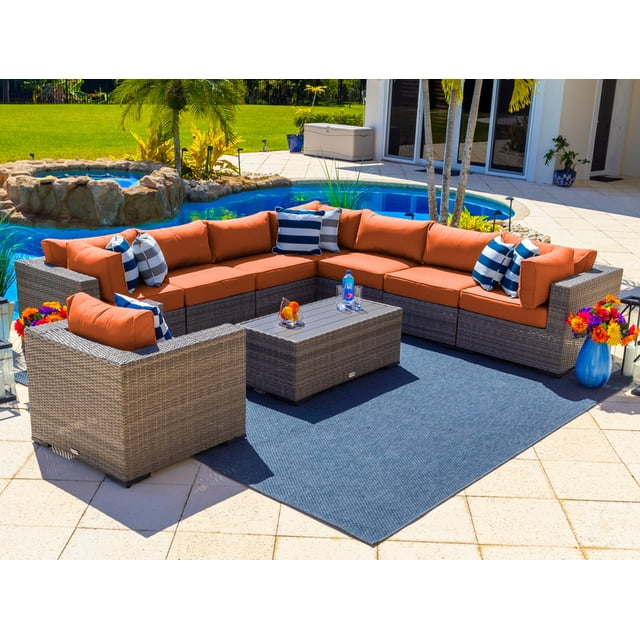 Sorrento 9-Piece Resin Wicker Outdoor Patio Furniture Sectional Sofa Set in Gray w/ Seven Sectional Seats, Armchair, and Coffee Table (Flat-Weave Gray Wicker, Sunbrella Canvas Tuscan)