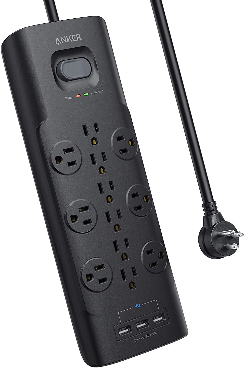 Flat Plug Power Strip Surge Protector with 3 USB and 12 Outlets 6 Foot 1875W