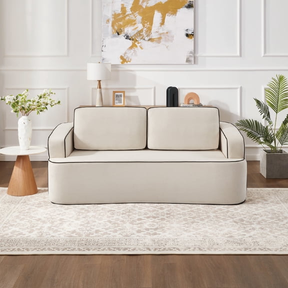 Noble House 79" Integrated Handrail Double Seat Loveseat, Modern Simple Rounded Small Space Sofa, Living Room, Beige