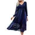 thumbnail image 2 of qolati Women's Dresses 2023 Casual Fall Wrap Long Sleeve Swiss-Dot Midi Dress Tie Waist Ruffle Hem Flowy Dress, 2 of 7