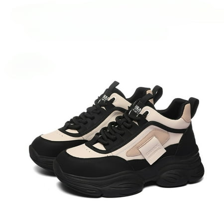 Women high-top sneakers 5.5cm thick soles for height increase slim lace up female Students Casual and fashionable Outdoor sports shoes Brown\black