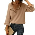 thumbnail image 3 of ClodeEU Women's V Neck Ruffle Trim Three Quarter Sleeve Sweater ,Casual Pullover Knit Sweater Top Khaki,Womens Plus XXXXL, 3 of 7
