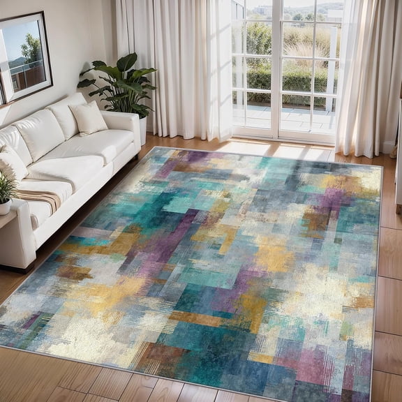 Abstract Modern Geometric Area Rugs, Teal Carpet, Washable Non Slip Low Pile Soft Rug for Bedroom Living Room Decor Mat 2ftx3ft