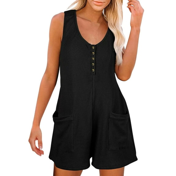 MSJUHEG Jumpsuits For Women One Piece Jumpsuits For Women Women Scoop Neck Sleeveless Rompers Button Down Jumpsuit Adjustable Waist Drawstring Shorts Womens Jumpsuit Black L