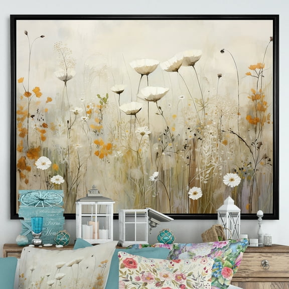 Designart "Fantasia Of Beige Wildflowers II" Wildflowers Floater Framed Canvas Prints