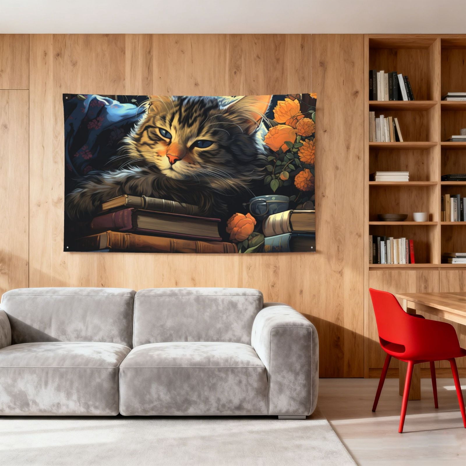 Cat Sleeping Bookshelf Books Art Four Hole Decorated Banner Flag for Garden Yard Home Decoration Indoor Outdoor 4x6 Ft