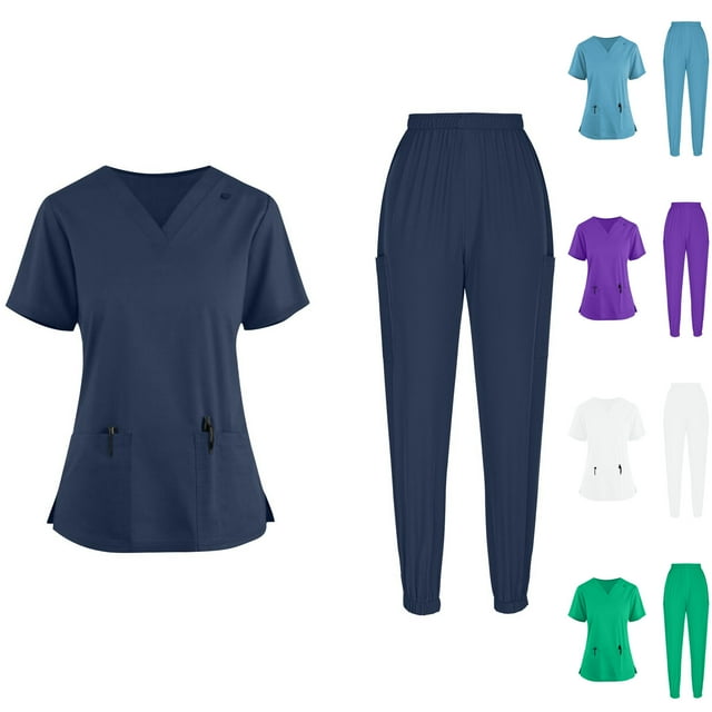 Sentmoon Ensembles Deux Pièces pour Femmes Été Manches Courtes Tunique à Col en V Couleur Unie Poche avec Taille Élastique Bas Resserré Pantalon Long Nettoyage à Sec Vêtements à la Main Vêtements d'Infirmière Ensembles Costume