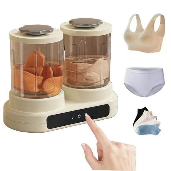 Double Tubs Portable Mini Washing Machine, 3L Cordless Underwear Washing Machine with 2 Compartments, 2 Modes Compact Washer for Underwear and Socks, Apartment, Dorm, RV, Hotel Use, Beige