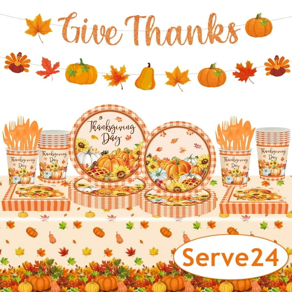 Thanksgiving Serveware Fall Paper Plates and Napkins Fall Party Supplies Autumn Plates Disposable Pumpkin Tableware Tablecloth Banner for Harvest Table Decor Serve 24 Design 1