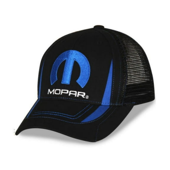 MOPAR Trucker Style Hat, Vented Mesh Back, Embroidered Logo, Adjustable, 65% Brushed Cotton 35% Polyester, Black w/ Blue Trim, One Size Fits Most