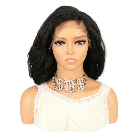 Unique Bargains Lace Front Wigs for Women 14" Black Medium Long Natural Curly with Wig Cap Synthetic Fibre
