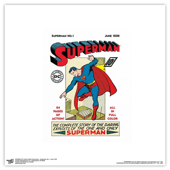 Gallery Pops DC Comics 90th Anniversary - Superman No. 1 June 1939 Wall Art, Unframed Version, 12" x 12"