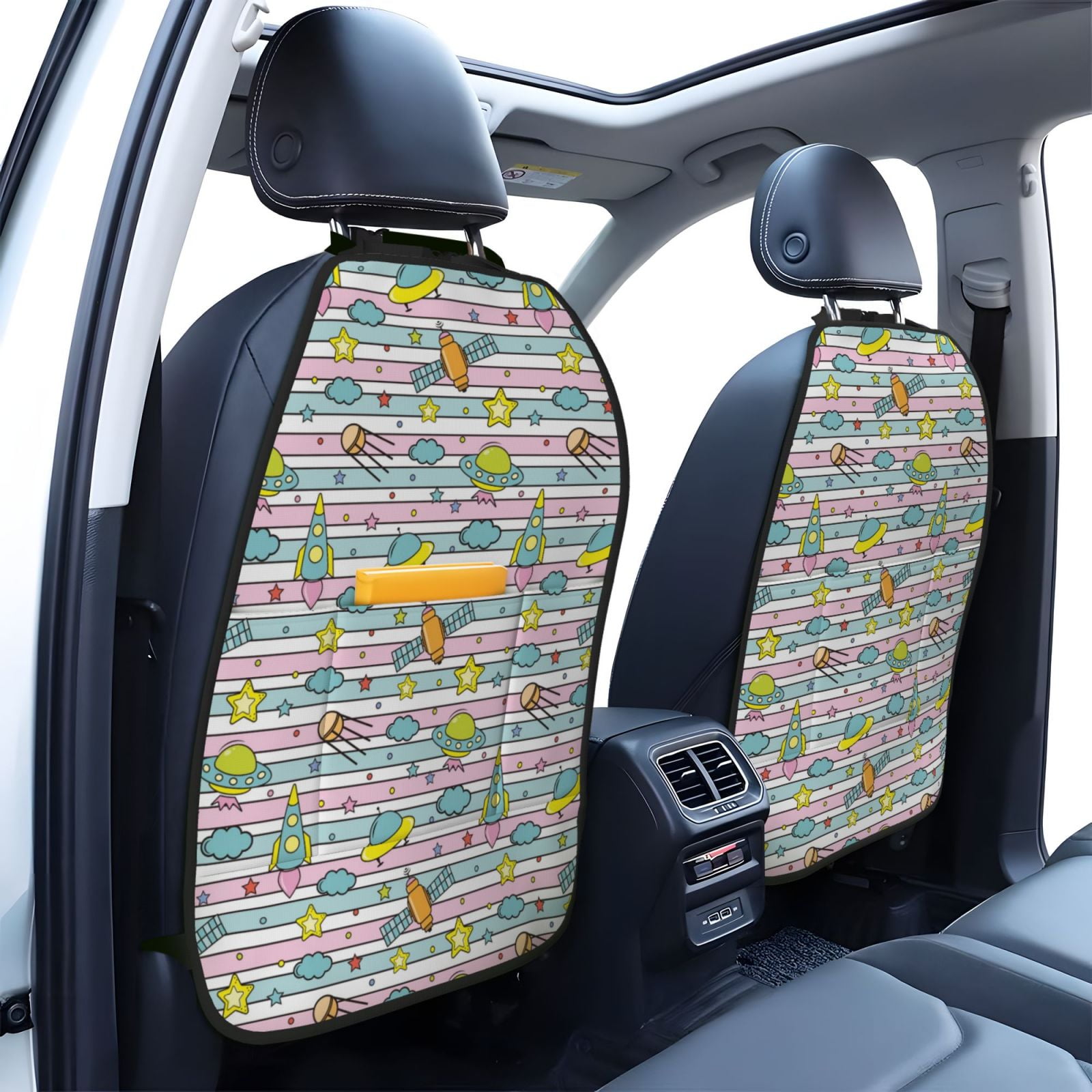 Kdxio Space Doodle Print 2 Pack Car Kick Mat Seat Cover Back Protector Mat with Pockets for Organizer Backseat Protector and Storage Anti Kick Pad for Vehicles