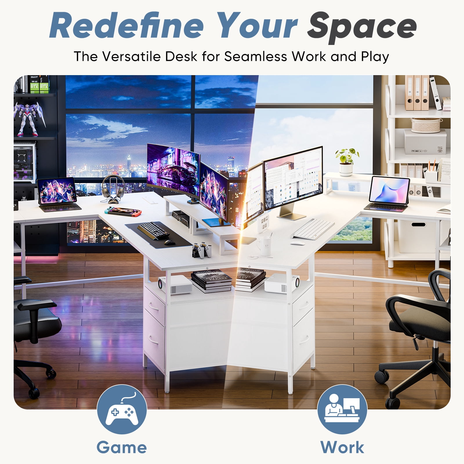 CONCETTA Modern L-Shaped Computer Desk with Power Outlet, Reversible Gaming Desk with Fabric Drawer & 2 Monitor Stands for Home Office, White