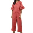thumbnail image 1 of AherBiu Cotton Linen Sets for Women Layered Ruffle Short Sleeve V Neck Tops Pants 2 Piece Lounge Sets, 1 of 6