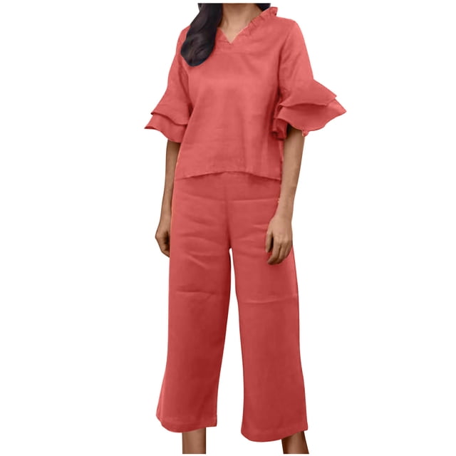 AherBiu Cotton Linen Sets for Women Layered Ruffle Short Sleeve V Neck Tops Pants 2 Piece Lounge Sets