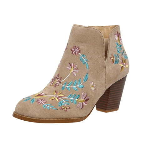 GHSOHS Cowboy Boots for Women Wide Calf Boots Ankle Boots Shoes Black Combat Boots Flock Fall Square Heels Zipper Flower Embroidery Short Booties Round Toe Shoes Cowgirl Boot Rain Boots Size 11