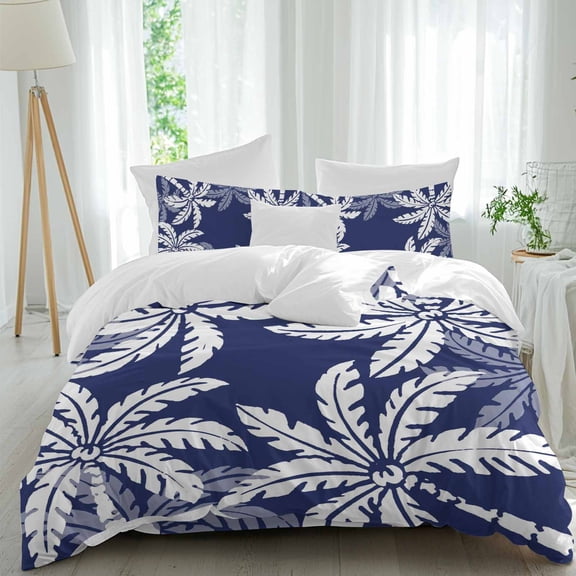Navy Blue Palm Tree Twin Duvet Cover Set, Summer Tropical Coastal White Silhouettes 4 Piece Microfiber Bedding Set with Zipper Closure, Bed Sheet and 2 Pillow Shams, Soft Bedding Cover