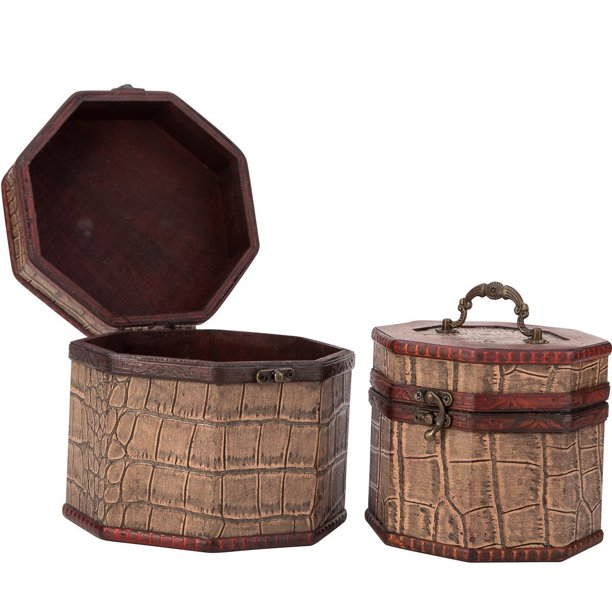 Vintage Style Crocodile Pattern Wooden Octagon Jewelry Treasure Box