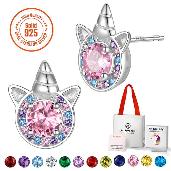 JustBeingCute Unicorn Earrings for Girls Women, Real Sterling Silver Stud Earring Created Tourmaline Birthstone Birthday Mothers Day Jewelry Gifts Mom Teen Kids Adults