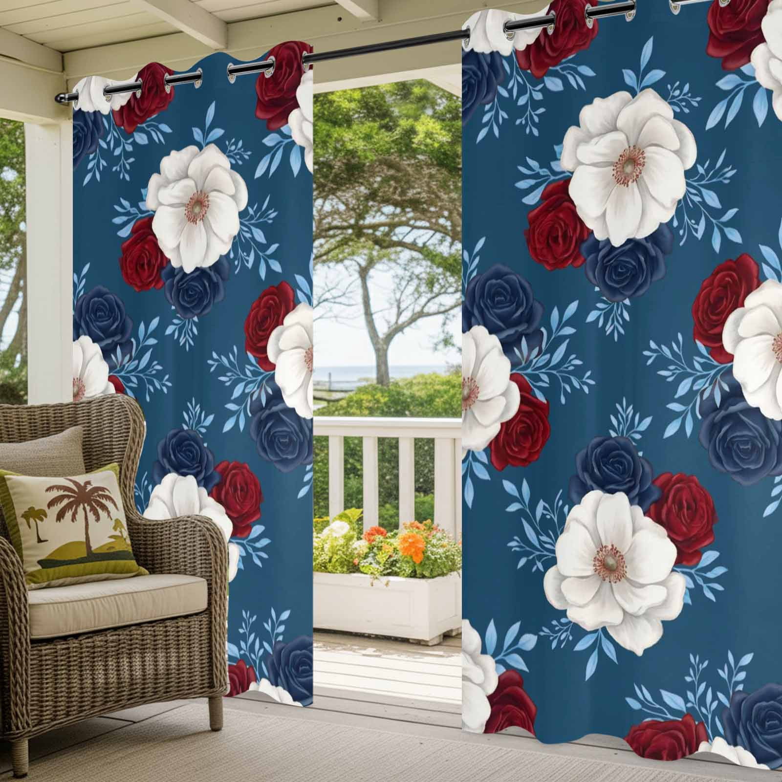 Independence Day Outdoor Curtains for Patio, Red Blue White Roses Floral Leaf Blue Sunshade Privacy Drapes Grommet Waterproof Outside Curtains for Porch/Cabana/Balcony 54"x 95", 1 Panel