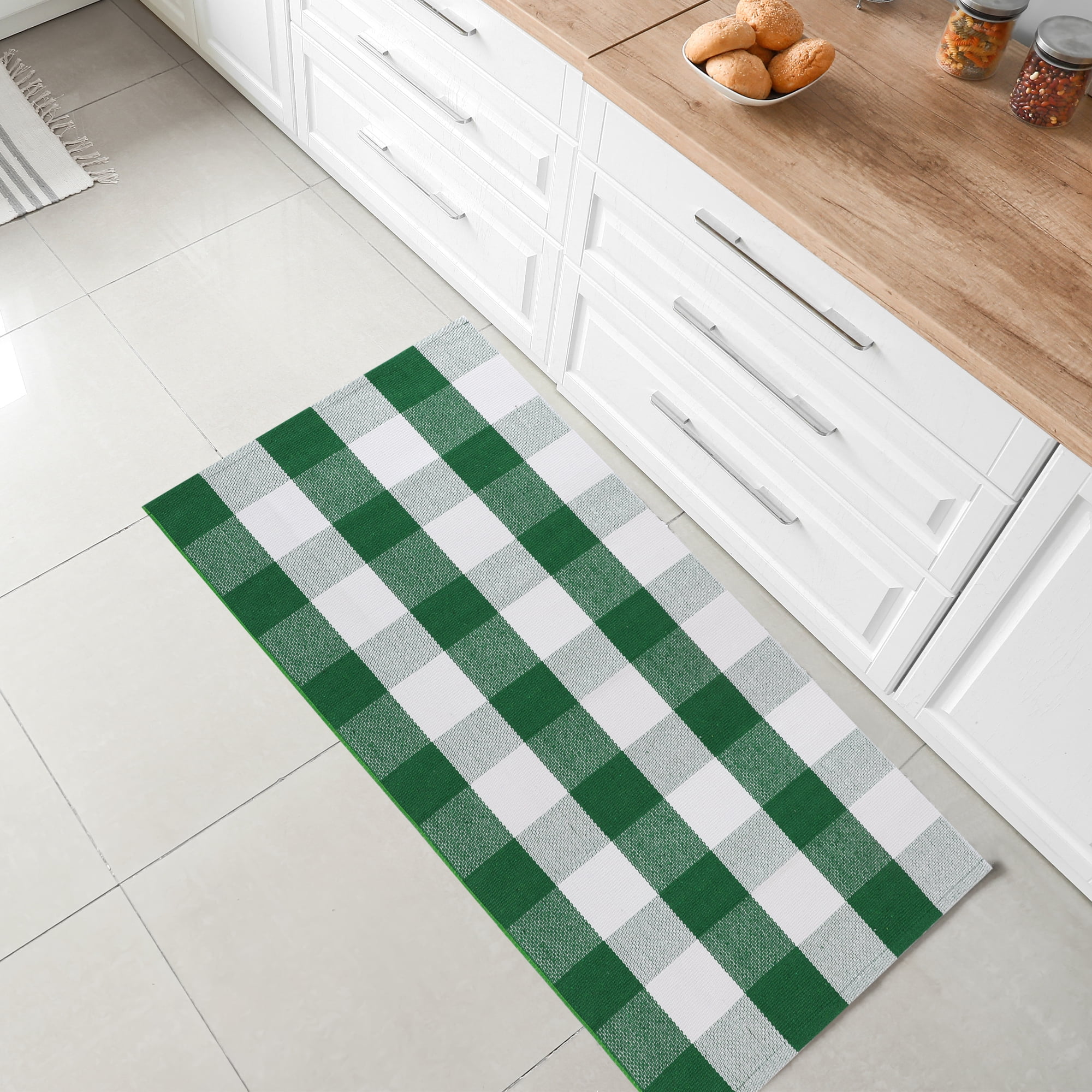 Unique Bargains Cotton Woven Checkered Area Floor Rug Carpet Mat Green & White 51"x24"
