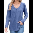 thumbnail image 3 of Camisetas de Larga para Mujer, Cuello en V, Suaves, Básicas, Holgadas, Informales, Moda de Otoño. Azul XXL, 3 of 10