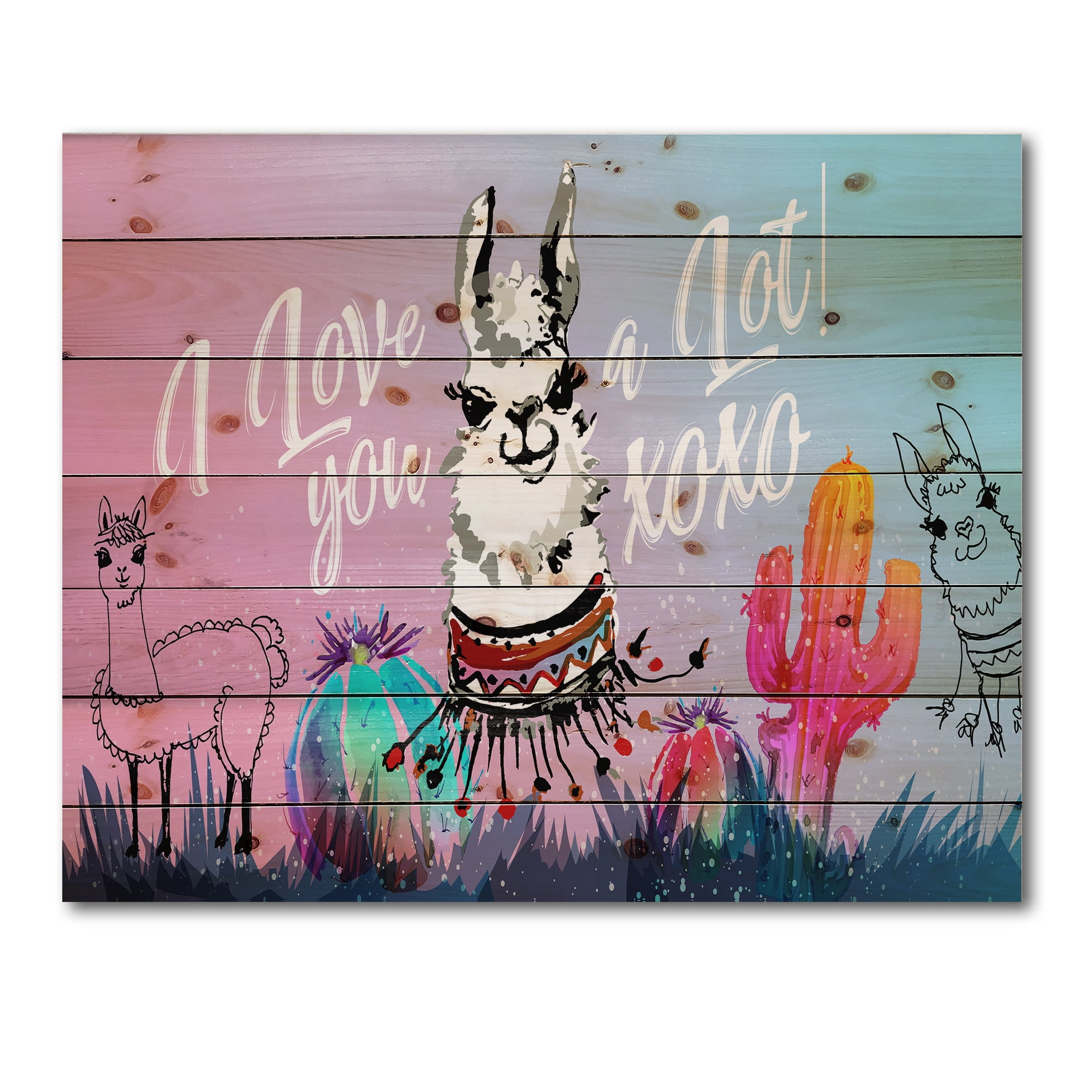 Designart 'I Love You A Lot Llama Alpaca Cartoon Portrait' Children's Art Print on Natural Pine Wood