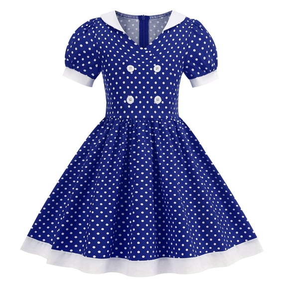 YDFCWXW Vintage Dresses for Girls Kids Lapel Collar Polka Dot Dress Swing Dress (Dark Blue, 9-10 Years)