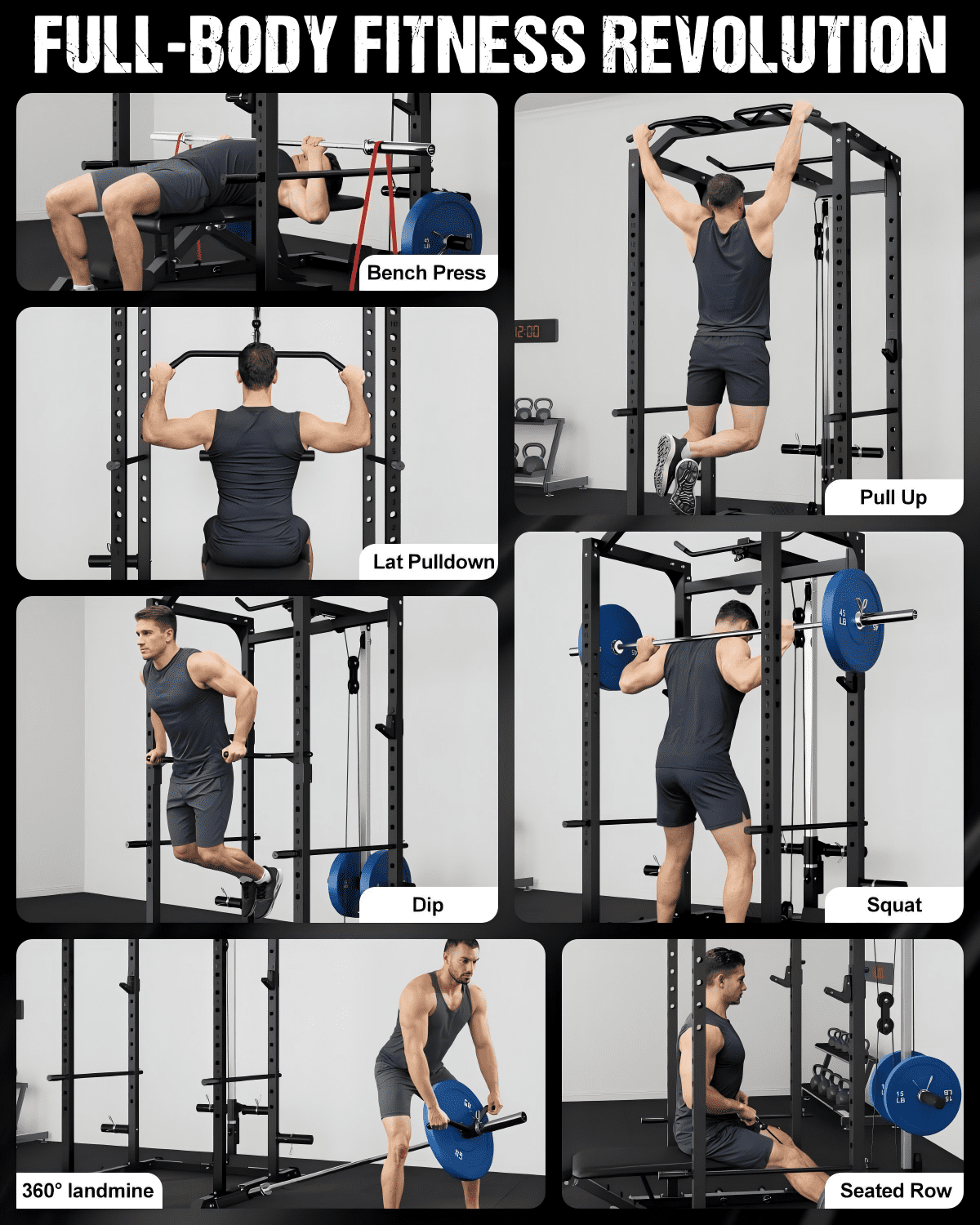 2000LBS Power Cage Squat Rack with LAT Pulldown System, Multi-Function Weight Cage Strength Training Machine, Home Gym Workout Cage with Multiple Attachments for Garage & Home Fitness