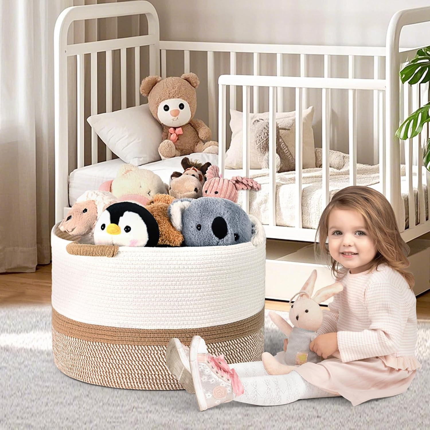 Natubeau Cotton Rope Woven Storage Baskets, 65L Large Round Laundry Hampers Blanket Basket Clothes Basket, 20"W x 13"H Storage Baskets With Handle