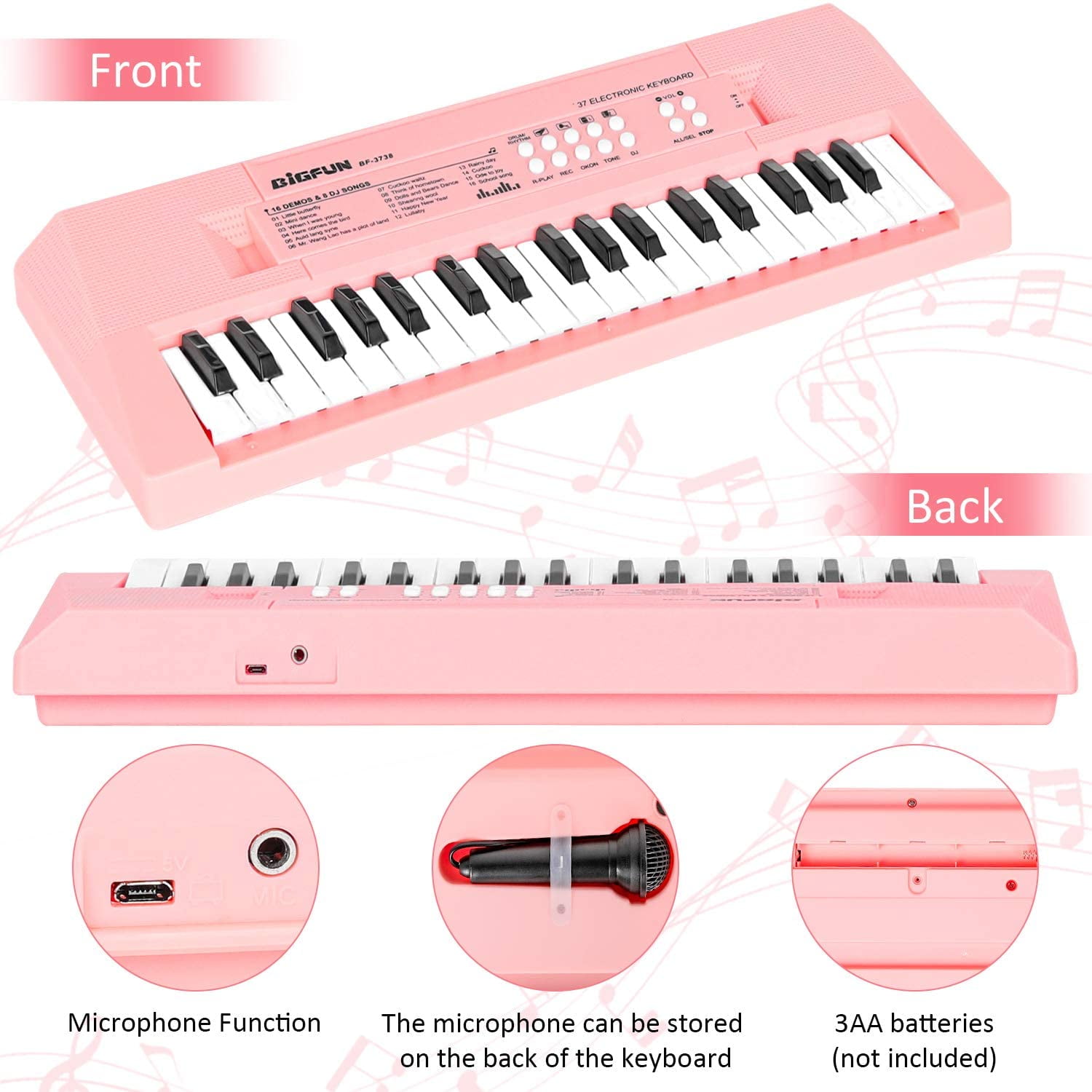 Pink Electronic Piano Keyboard 37 Keys Piano for Kids Music Keyboard Piano with Microphone Learning Music Educational Toy Gift for Girls Boys Beginners 