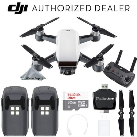 DJI Spark Drone Quadcopter (Alpine White) with Remote Controller, 2 Batteries, Sandisk 32GB Memory, Card Reader, Charger, Bundle Starter